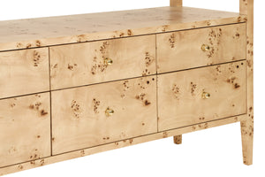 SIX DRAWER CONSOLE WITH OPEN SHELF IN BURL WOOD WITH POLISHED BRASS KNOBS