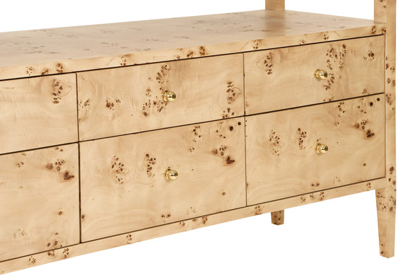 SIX DRAWER CONSOLE WITH OPEN SHELF IN BURL WOOD WITH POLISHED BRASS KNOBS