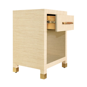 ONE DRAWER SIDE TABLE WITH RATTAN WRAPPED HANDLE IN NATURAL GRASSCLOTH