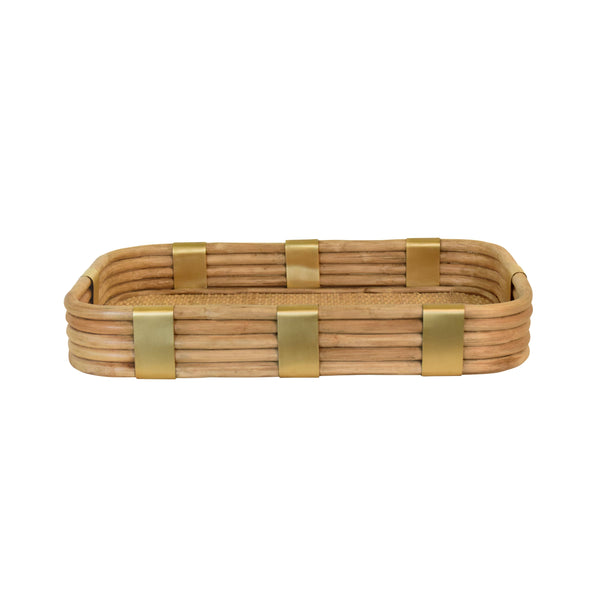 RECTANGULAR NATURAL RATTAN TRAY WITH BRASS RIM AND ROUNDED CORNERS
