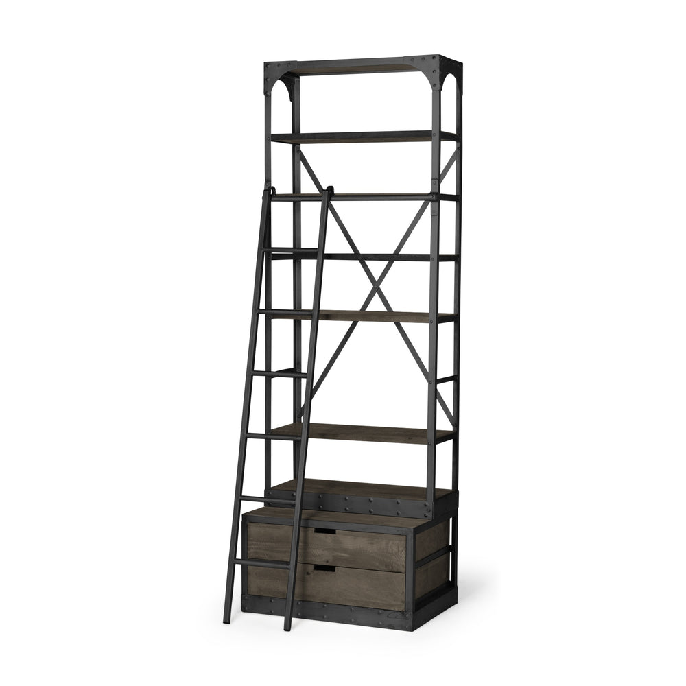 Brodie VII 32L x 22W x 94H Brown Wood Gun-Metal Bracing Four Shelf Shelving Unit