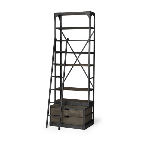 Brodie VII 32L x 22W x 94H Brown Wood Gun-Metal Bracing Four Shelf Shelving Unit