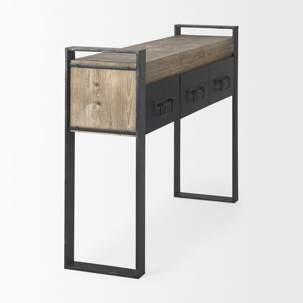 Carga 48L x 12W Black Metal Frame Brown Wooden Top Console Table W/Storage