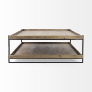 Trey 48x46 Rectangular Brown Solid Wood Top Table Black Metal Frame Two-Tier Coffee Table