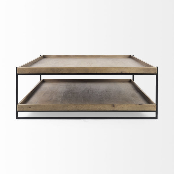 Trey 48x46 Rectangular Brown Solid Wood Top Table Black Metal Frame Two-Tier Coffee Table