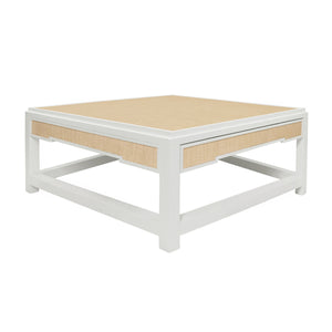 TWO HIDDEN DRAWER COFFEE TABLE WITH MATTE WHITE LACQUER FRAME AND INSET NATURAL GRASSCLOTH