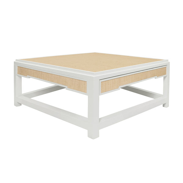TWO HIDDEN DRAWER COFFEE TABLE WITH MATTE WHITE LACQUER FRAME AND INSET NATURAL GRASSCLOTH