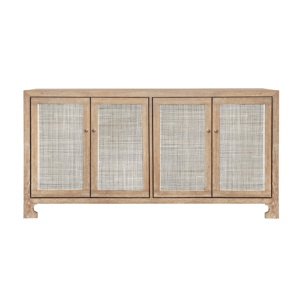 FOUR DOOR CANE CABINET WITH BRASS HARDWARE IN CERUSED OAK