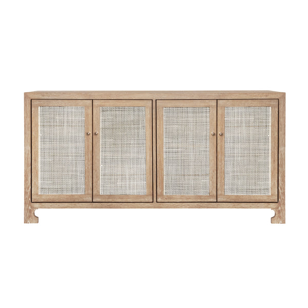 FOUR DOOR CANE CABINET WITH BRASS HARDWARE IN CERUSED OAK