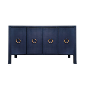 FOUR DOOR BUFFET WITH ANTIQUE BRASS CIRCLE HARDWARE IN TEXTURED NAVY LINEN