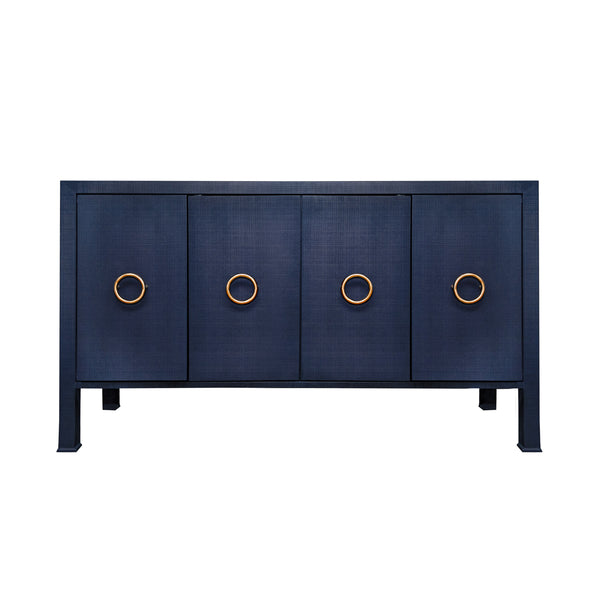 FOUR DOOR BUFFET WITH ANTIQUE BRASS CIRCLE HARDWARE IN TEXTURED NAVY LINEN