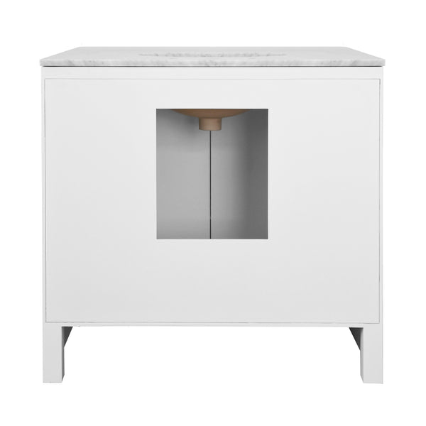 BATH VANITY WITH TEXTURED LIGHT BLUE LINEN DOORS, MATTE WHITE LACQUER SURROUND, ANT BRASS HARDWARE, WHITE MARBLE TOP, AND PORCELAIN SINK