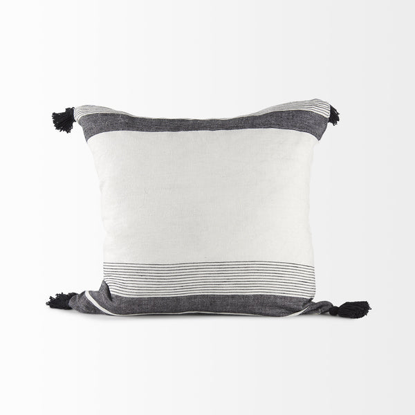 Kimia 20L x 20W White and Black Fabric Herringbone and Fringed Decorative Pillow Cover