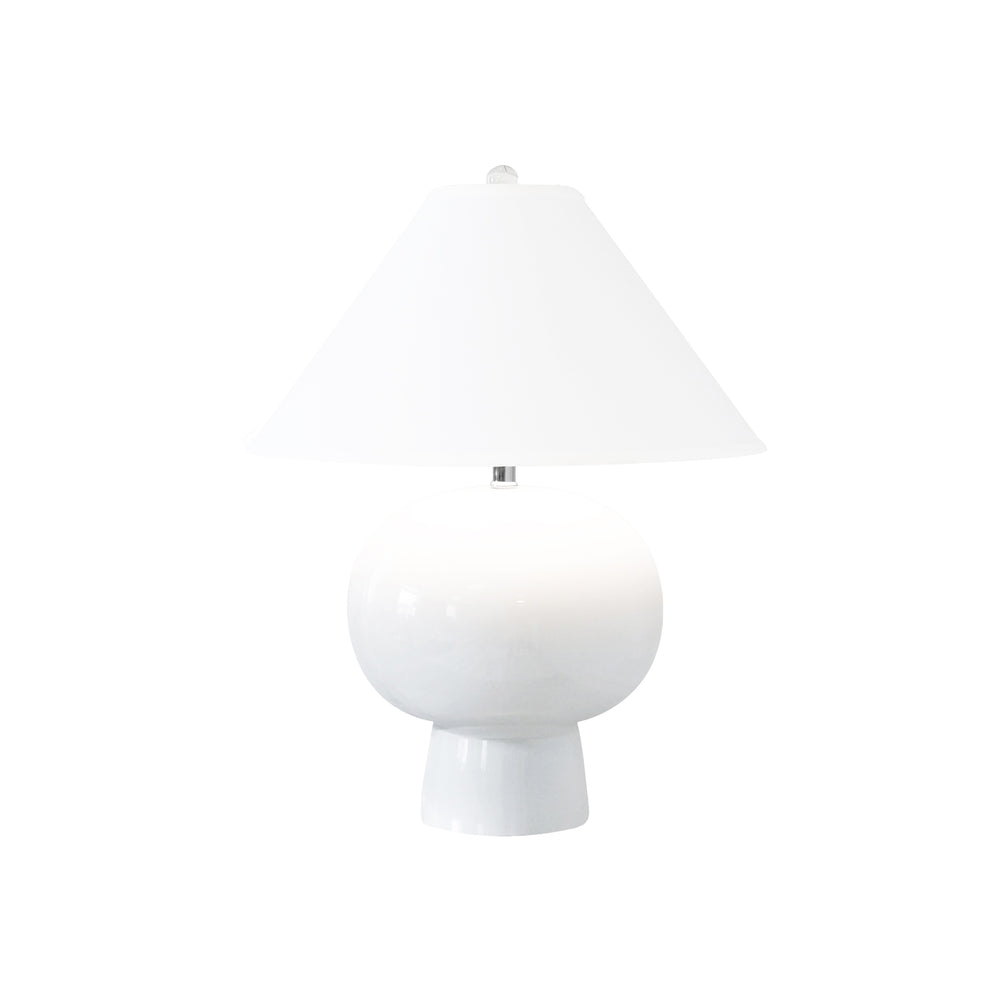 BULB SHAPE CERAMIC TABLE LAMP WITH WHITE LINEN COOLIE SHADE IN WHITE
