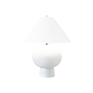 BULB SHAPE CERAMIC TABLE LAMP WITH WHITE LINEN COOLIE SHADE IN WHITE