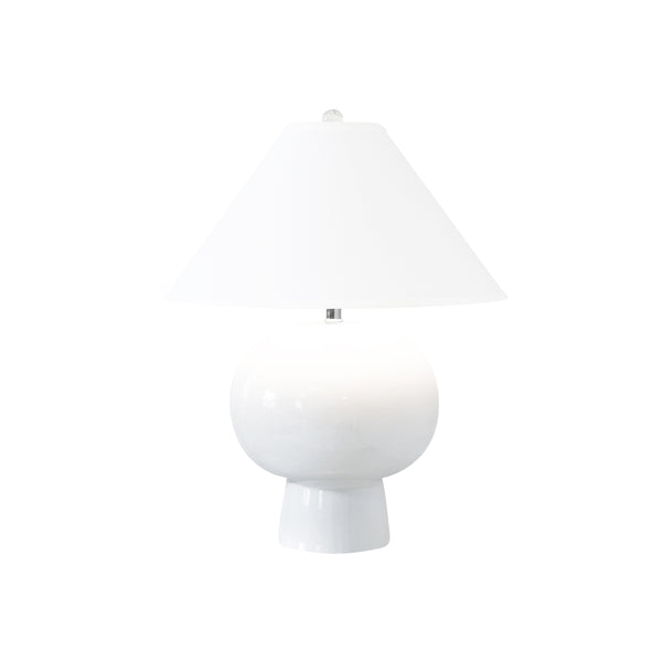 BULB SHAPE CERAMIC TABLE LAMP WITH WHITE LINEN COOLIE SHADE IN WHITE