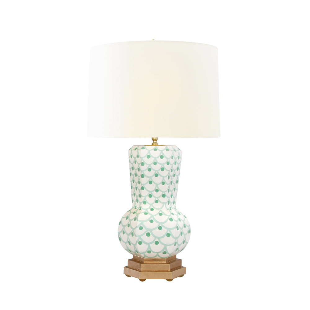 HANDPAINTED GOURD SHAPE TOLE TABLE LAMP IN GREEN SCALE PATTERN