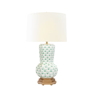 HANDPAINTED GOURD SHAPE TOLE TABLE LAMP IN GREEN SCALE PATTERN