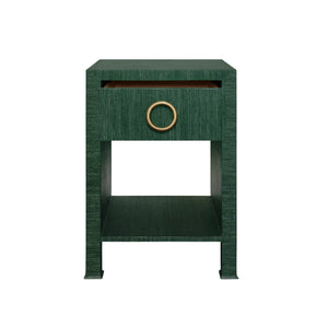 ONE DRAWER SIDE TABLE WITH ANTIQUE BRASS CIRCLE HARDWARE IN DYED GREEN GRASSCLOTH