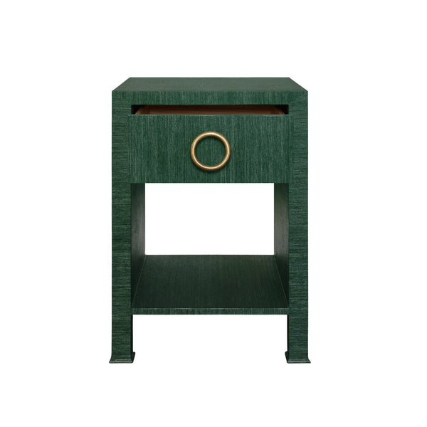 ONE DRAWER SIDE TABLE WITH ANTIQUE BRASS CIRCLE HARDWARE IN DYED GREEN GRASSCLOTH