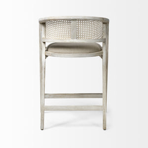 Tabitha 26.75" Seat Height Beige Fabric/Rattan Seat Blonde Wood Frame Counter Stool