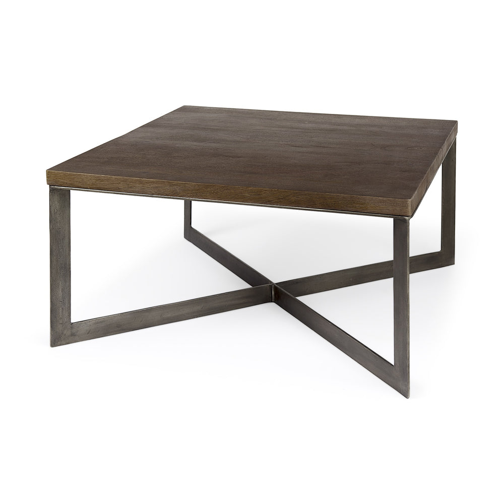 Faye 34L x 34W x 17H Medium Brown Wood W/Antique Nickel Metal Base Square Coffee Table