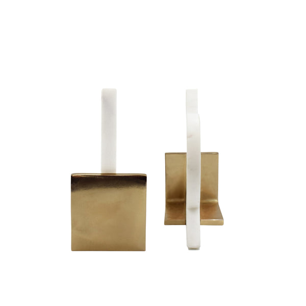 PAIR OF GEOMETRIC WHITE MARBLE BOOKENDS WITH BRASS DETAIL
