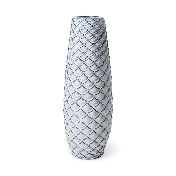 Troi II Large Blue White Fishscale Pattern Ceramic Vase