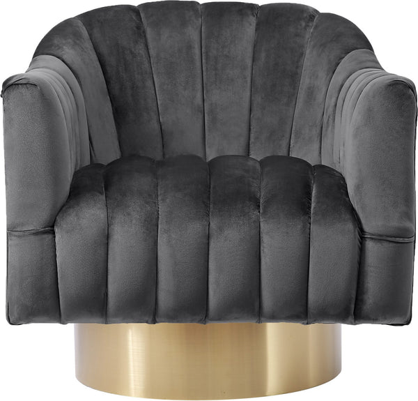 Noel Accent Chair In Grey Velvet And Gold Swivel Base