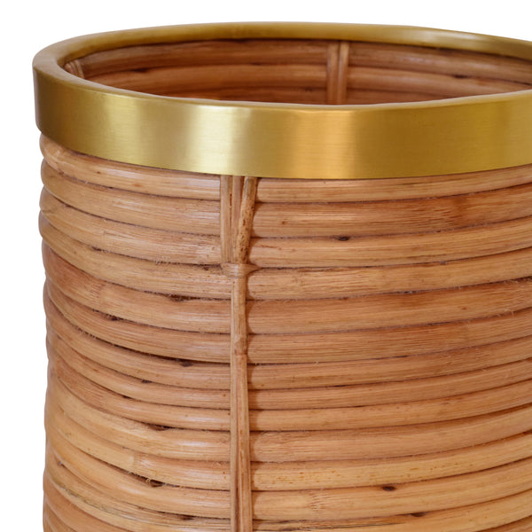 NATURAL RATTAN WASTE BASKET WITH BRASS RIM DETAIL