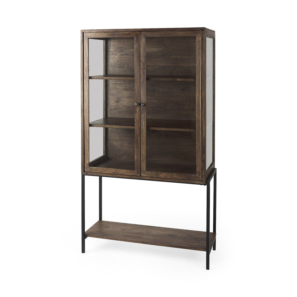 Arelius 36L x 18W x 63H Medium Brown Wood W/ Black Metal Base Display Cabinet