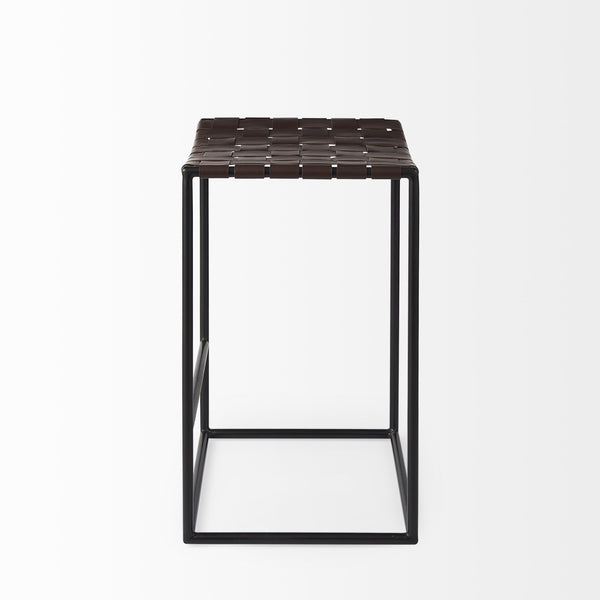 Clarissa 18.0L x 16.0W x 26.25H Dark Brown Woven Leather Seat W/ Black Iron Frame Counter Stool