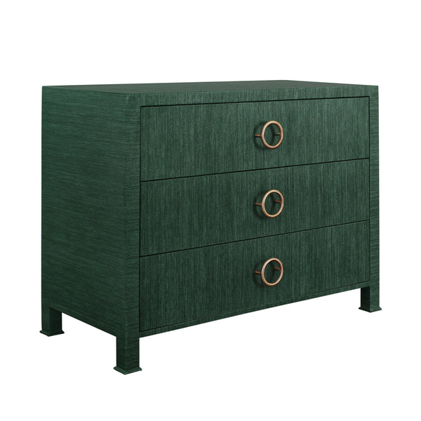 THREE DRAWER CHEST WITH ANTIQUE BRASS CIRCLE HARDWARE IN DYED GREEN GRASSCLOTH