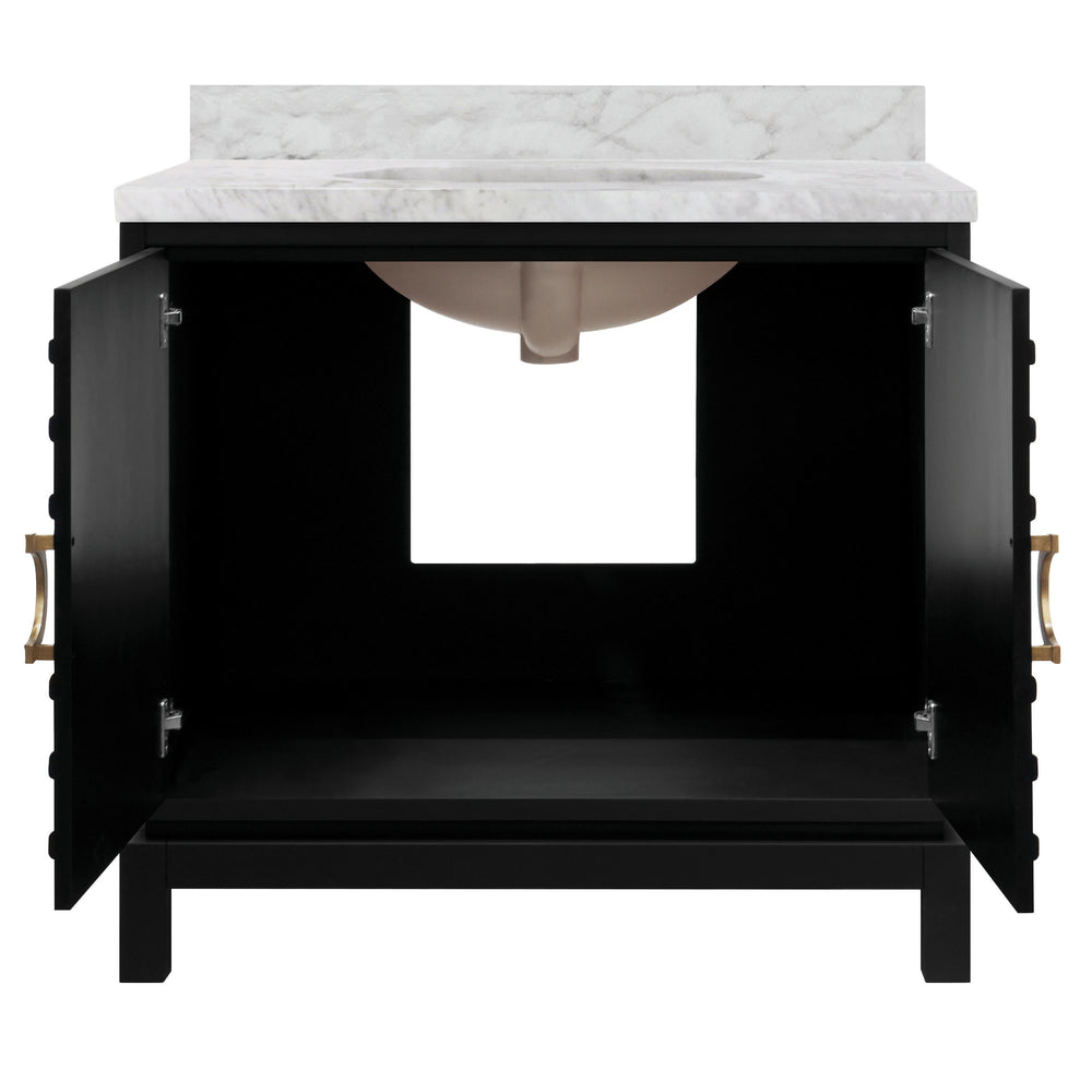 BATH VANITY IN MATTE BLACK LACQUER WITH ANTIQUE BRASS CIRCLE HARDWARE, WHITE MARBLE TOP, AND PORCELAIN SINK