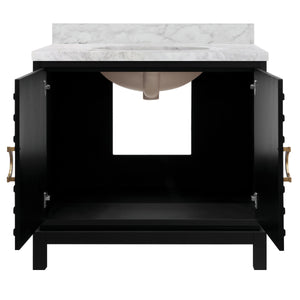 BATH VANITY IN MATTE BLACK LACQUER WITH ANTIQUE BRASS CIRCLE HARDWARE, WHITE MARBLE TOP, AND PORCELAIN SINK