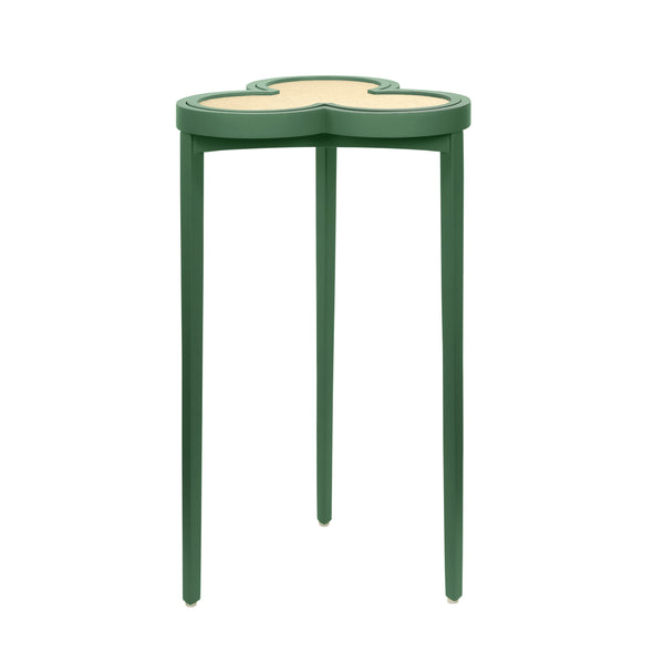CLOVER CIGAR TABLE WITH REVERSIBLE LACQUER AND NATURAL GRASSCLOTH TOP IN MATTE GREEN LACQUER