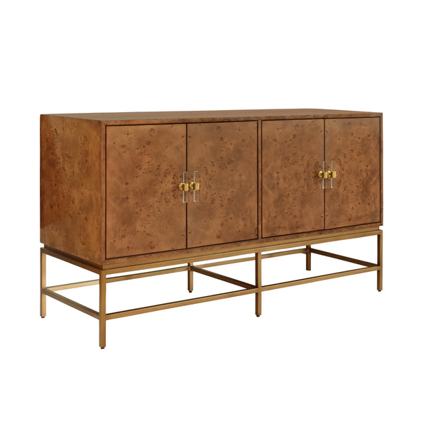 FOUR DOOR BUFFET WITH ANTIQUE BRASS METAL BASE IN DARK BURL WOOD