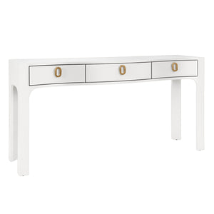 CURVED FRONT CONSOLE WITH THREE DRAWERS IN TEXTURED WHITE LINEN WITH SATIN BRASS RING HARDWARE AND GLASS TOP