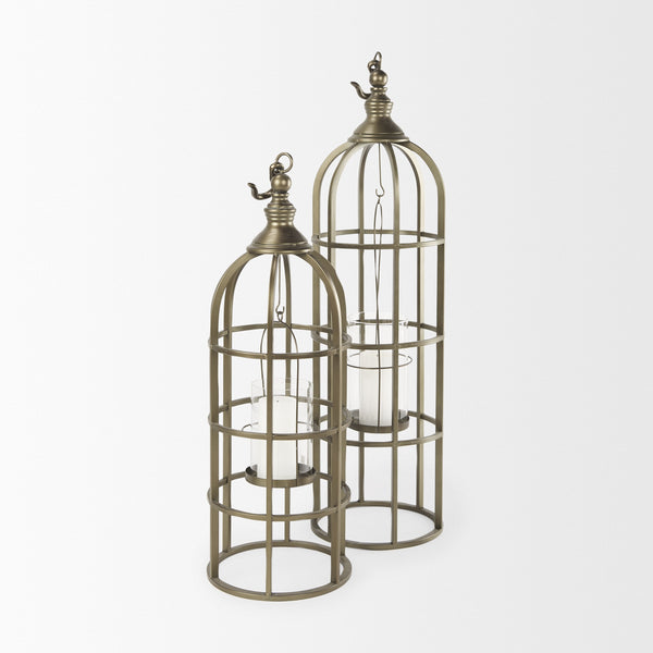 Gerson II Small Cage-Style Gold Metal Candle Holder Lantern