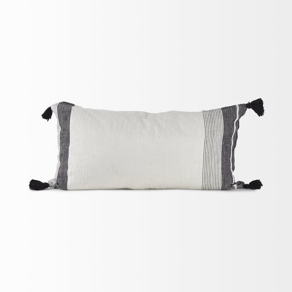 Kimia 14L x 26W White and Black Fabric Herringbone and Fringed Decorative Pillow Cover