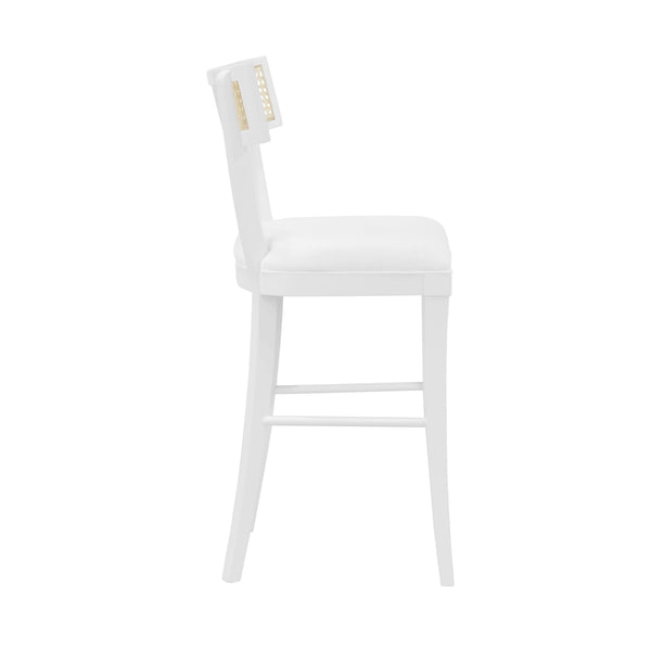 KLISMOS COUNTER STOOL WITH CANE DETAIL IN MATTE WHITE LACQUER