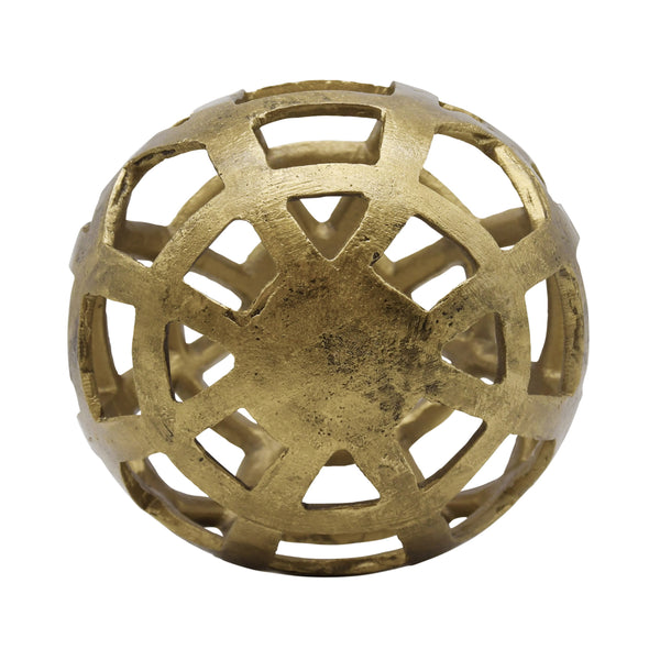 LARGE ROUND METAL BALL WITH GEO CUTOUTS IN TEXTURED BRASS