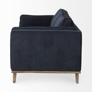 Brooks 90.2L x 34.8W x 33.5H Navy Blue Fabric Three Seater Sofa W/ Medium Brown Wooden Legs