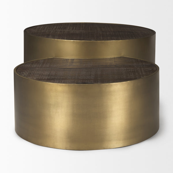 Eclipse Gold Metal Drum Base w/ Dark Brown Wood Top Nested Coffee Table