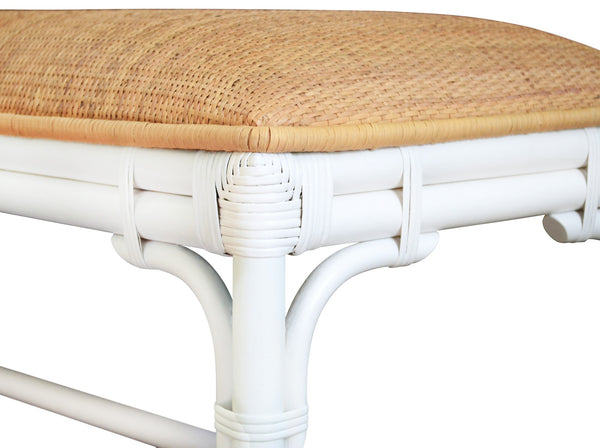 BENCH WITH NATURAL RATTAN CUSHION TOP AND RATTAN BASE IN PAINTED WHITE