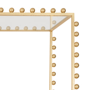 BALL LINED ETAGERE WITH CLEAR GLASS SHELVES IN GOLD LEAF