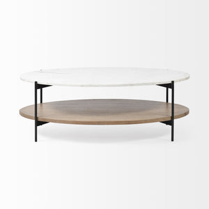 Larkin 48" Oval White Marble Top and Solid Wood Shelf w/ Black Metal Frame Coffee Table