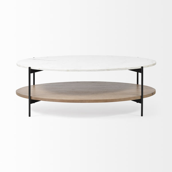 Larkin 48" Oval White Marble Top and Solid Wood Shelf w/ Black Metal Frame Coffee Table