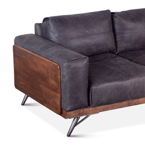 Mid-Century Leather and Wood Sofa, Antique Ebony