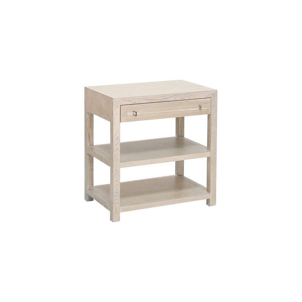 SIDE TABLE IN CERUSED OAK/INCLUDES BRASS & NICKEL HRDWR OPTIONS W ACRYLIC ROD